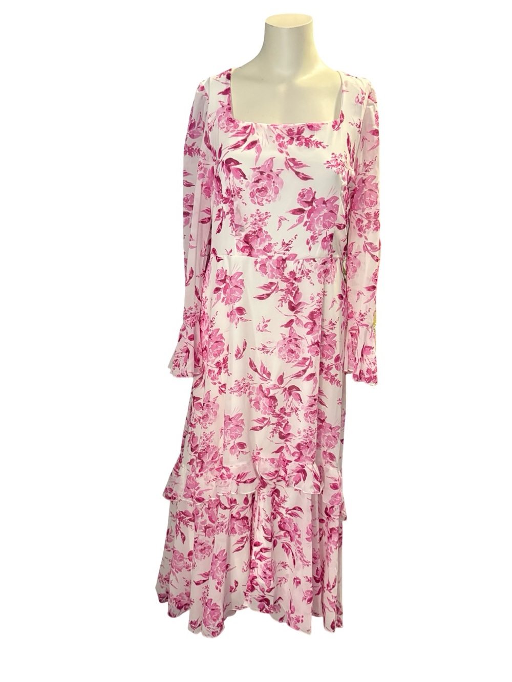 Pink Floral Square-Neck Maxi Dress with Tiered Skirt